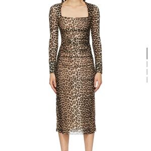 Ganni Leopard Print Long-Sleeve Midi Dress - Brown